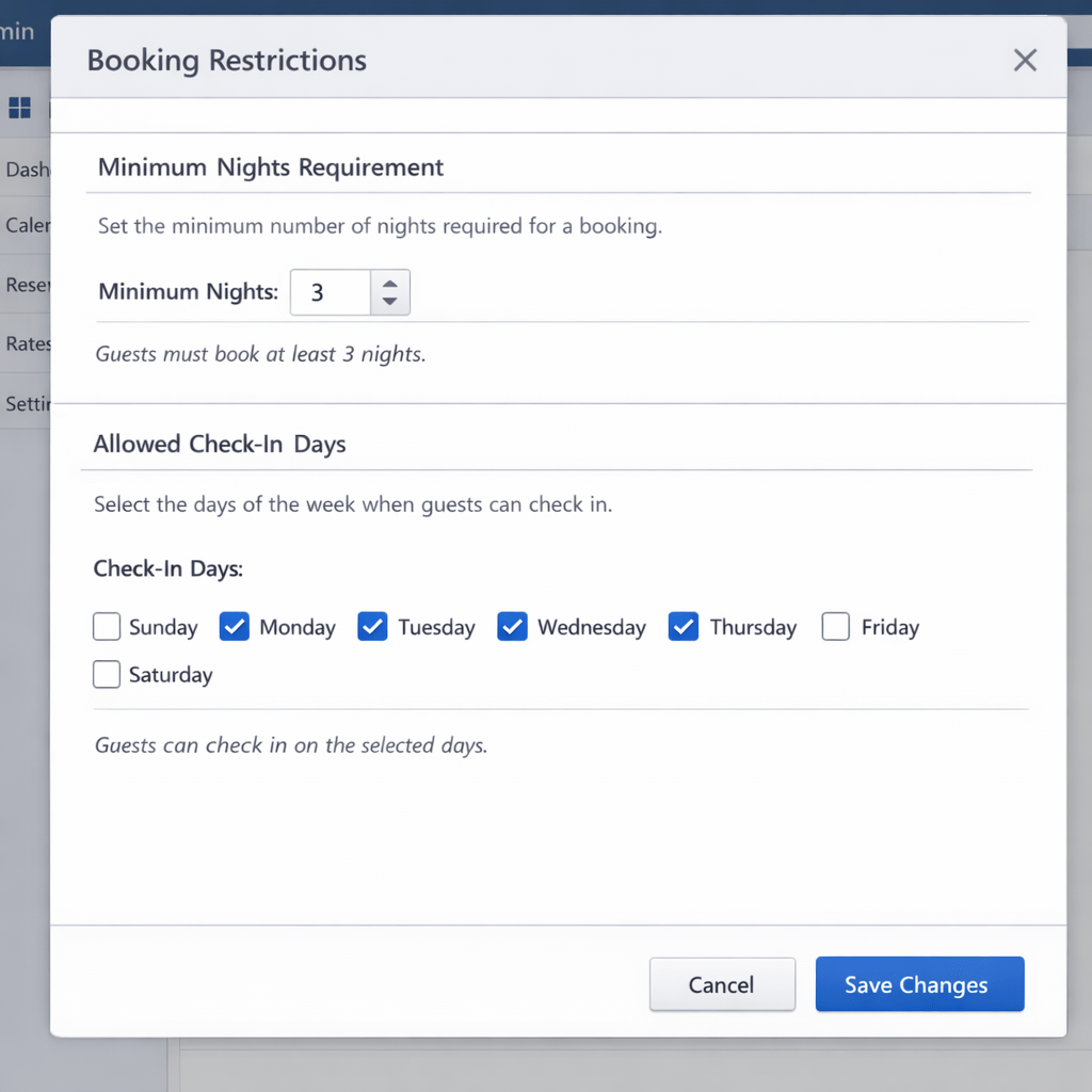 admin screen showing booking restrictions panel with minimum nights and allowed check-in